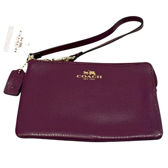 Coach Women's Plum Pebble Leather Wristlet Bag Gold Logo Strap NWT - Picture 1 of 7